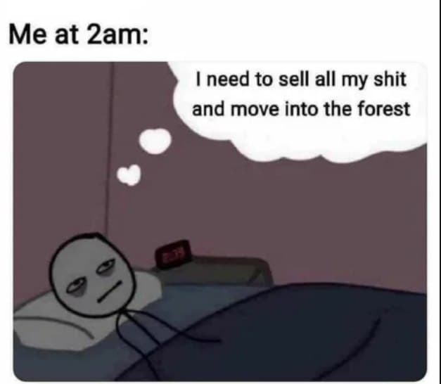 A meme featuring a cartoon stick figure lying in bed at night, looking tired and staring at a digital clock that reads 2:39. A thought bubble above the figure contains the text, "I need to sell all my shit and move into the forest." The image is captioned at the top with "Me at 2am:".