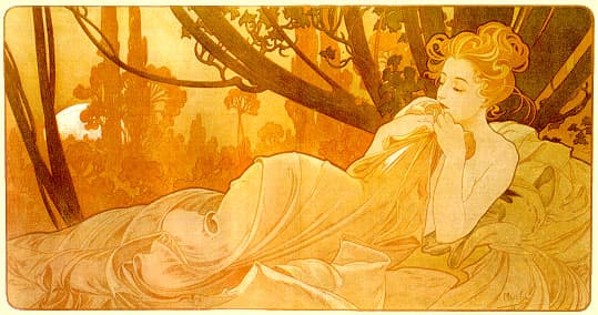 A reproduction of Alphonse Mucha's 1899 Art Nouveau painting 'Dusk', depicting a woman with reddish hair reclining in a forest at sunset. The scene is rendered in warm golden and orange tones, with the woman wearing a flowing white dress and holding a flower to her face.