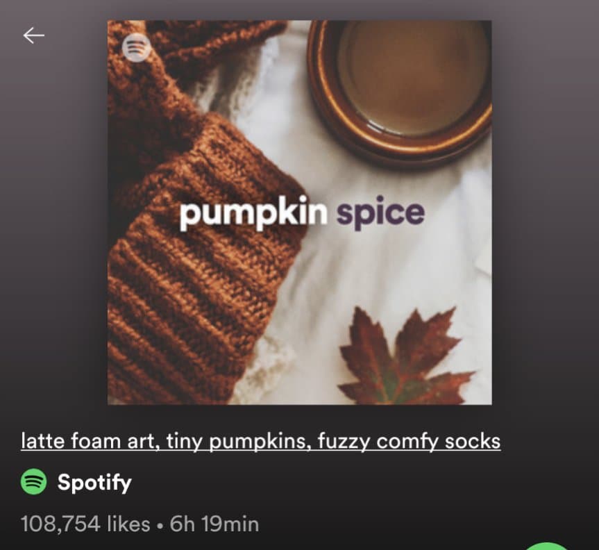 A Spotify playlist share card featuring a cozy autumn-themed image with a brown knit sweater, a cup of coffee, and a red maple leaf. The text "pumpkin spice" is overlaid on the image, and the playlist title below reads "latte foam art, tiny pumpkins, fuzzy comfy socks".
