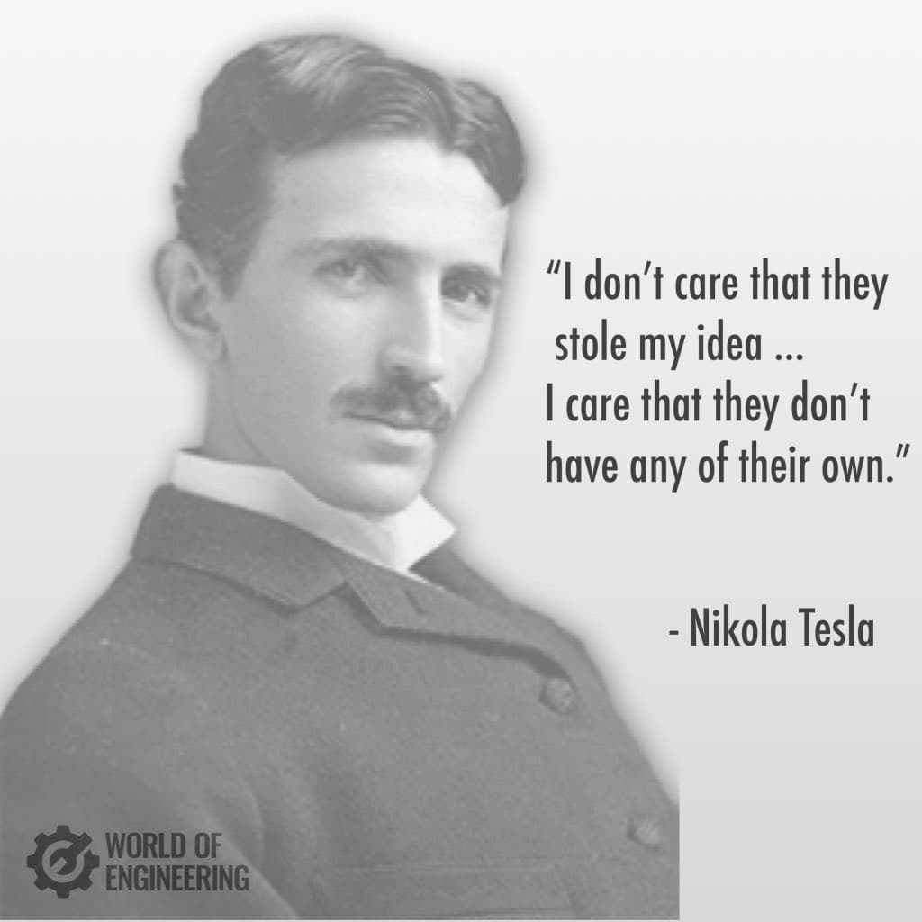 A black-and-white portrait of a man with a mustache, accompanied by a quote attributed to Nikola Tesla. The image includes a logo for "World of Engineering" in the bottom left corner.