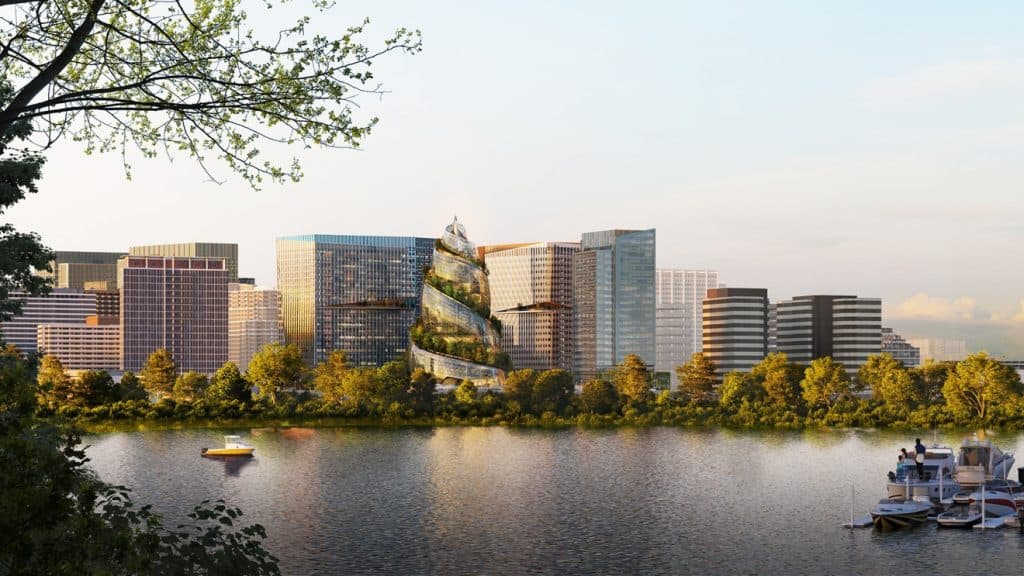 A digital architectural rendering of a city skyline along a river, featuring a prominent, spiraling tower with green terraces in the center. The scene includes other modern high-rise buildings, a line of trees along the riverbank, and several boats on the water.