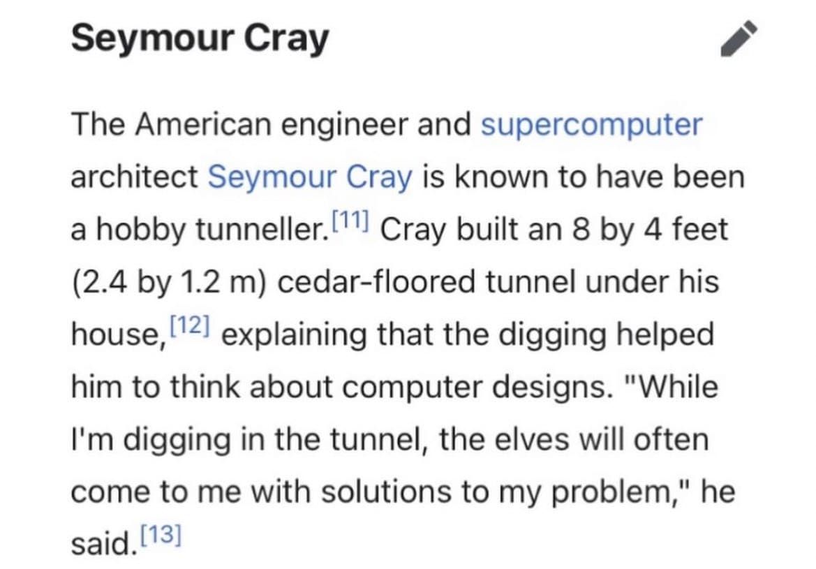 A screenshot of a Wikipedia article section about Seymour Cray, showing a paragraph of text with a heading and an edit icon. The text describes Cray as a hobby tunneller who built a small tunnel under his house to help him think about computer designs.