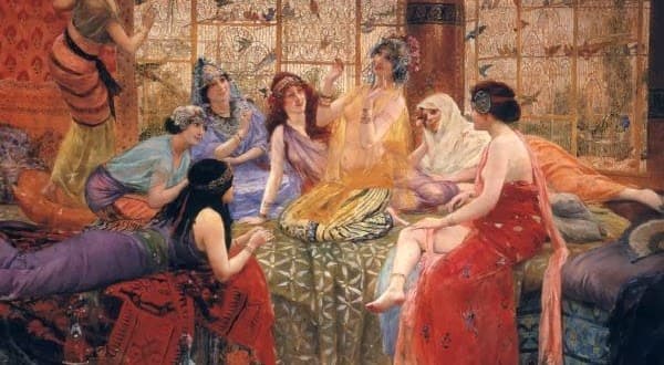 A classical painting depicting a group of women in ancient, flowing garments gathered in an ornate, patterned interior. The women are seated and reclining on cushions, with one central figure in a yellow dress appearing to speak or gesture while others listen or attend to her.