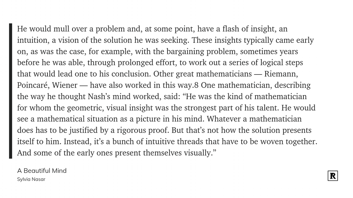 A screenshot of a text excerpt from the book 'A Beautiful Mind' by Sylvia Nasar, featuring a quote about a mathematician's intuitive problem-solving process.