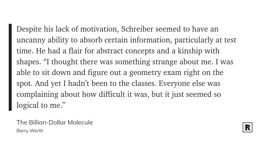 A text excerpt from a book, presented as a quote card with a vertical black bar on the left. Below the main text, the source is identified as 'The Billion-Dollar Molecule' by Barry Werth, with a small 'R' logo in the bottom right corner.