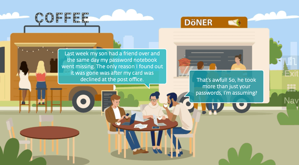 A flat-style illustration of three people sitting at a table outdoors, with two food trucks (labeled "COFFEE" and "DÖNER") in the background. Two speech bubbles overlay the scene, depicting a conversation about a missing password notebook and a declined card.