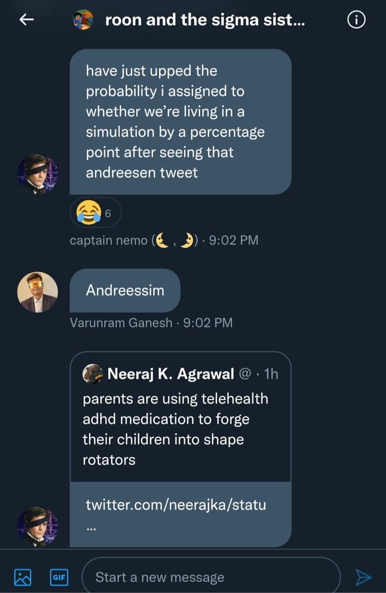 A screenshot of a group chat conversation discussing a tweet about simulation theory and ADHD medication. The chat includes a shared link to a tweet by Neeraj K. Agrawal.
