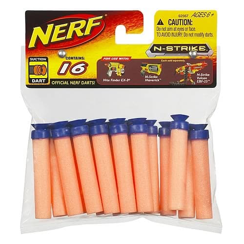 A package of 16 orange Nerf N-Strike darts with blue tips, displayed in a clear plastic bag with a colorful cardboard header. The header features the Nerf logo, product information, and safety warnings.