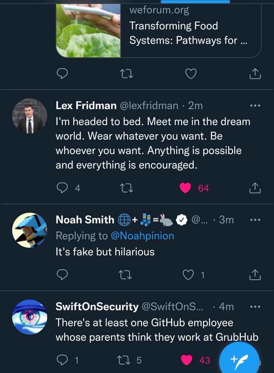 A screenshot of a Twitter feed showing a tweet by Lex Fridman about a 'dream world' and a reply from Noah Smith. The image also includes a partial view of a link preview for weforum.org at the top and a tweet from SwiftOnSecurity at the bottom.