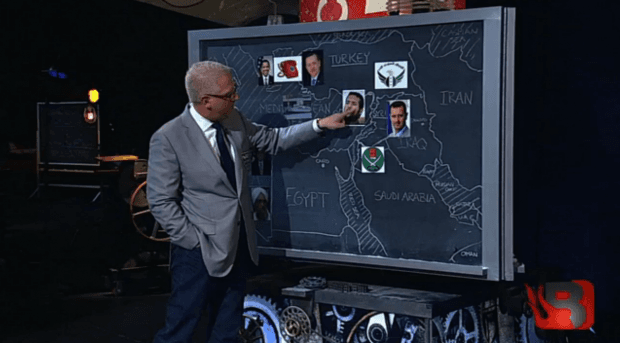 A man in a grey suit stands on a stage pointing to a large chalkboard-style map of the Middle East, which features photos of political leaders and national flags. The map labels several countries including Turkey, Iran, Iraq, Egypt, and Saudi Arabia.
