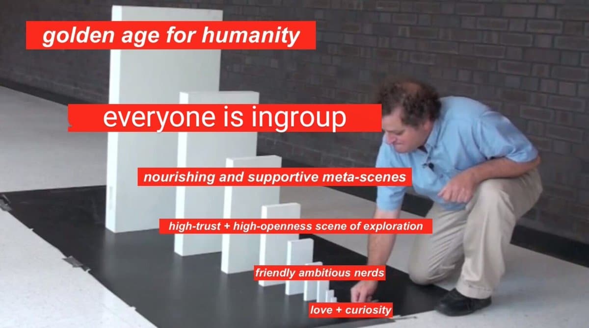 A meme image showing a man pushing over a row of white dominoes, with red text boxes overlaid on each domino to create a humorous causal chain. The text describes a positive societal vision, ending with the man knocking down the final, smallest domino.