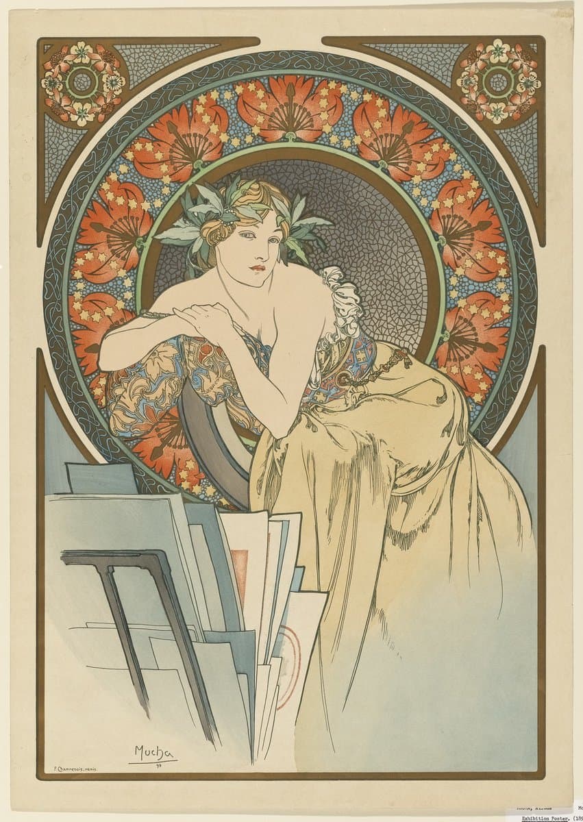 A reproduction of an Art Nouveau poster by Alphonse Mucha featuring a woman in a flowing dress leaning over a table with papers, set against a decorative background of red flowers and stars. The image is framed by an ornate border with floral motifs in the corners.