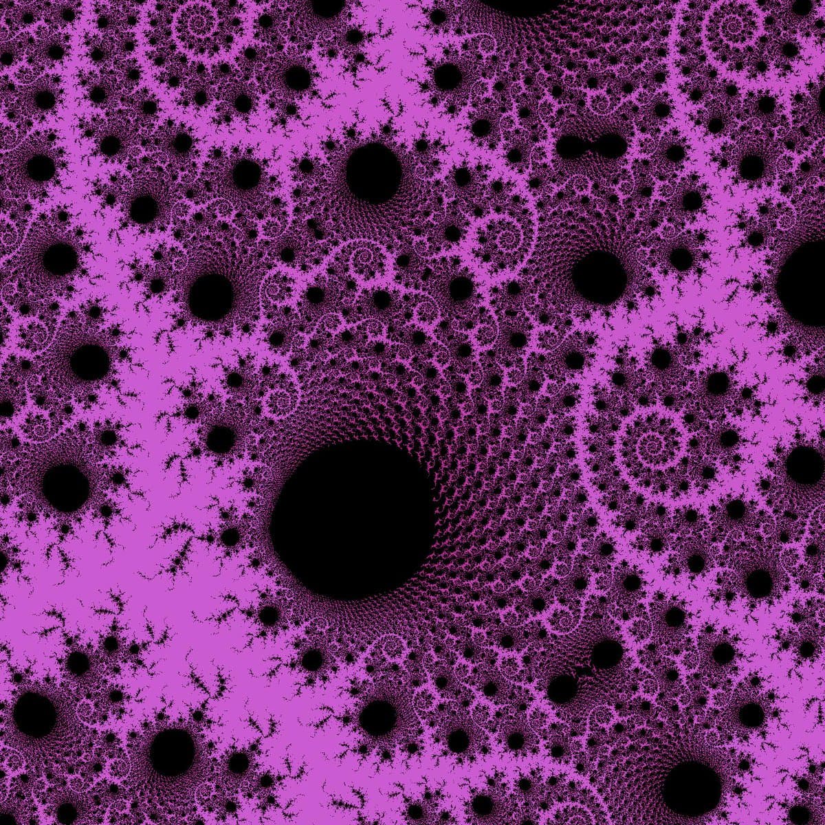 A high-resolution fractal image featuring a complex, self-similar pattern of black circular voids and intricate filigree against a vibrant magenta background. The image appears to be a deep zoom into a mathematical set, likely the Mandelbrot set, showing repeating geometric structures at various scales.