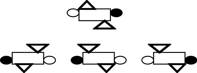 A black-and-white diagram showing five abstract figures made of geometric shapes (rectangles, triangles, and circles) arranged to resemble stylized human forms, with one figure at the top and four below it in different orientations.