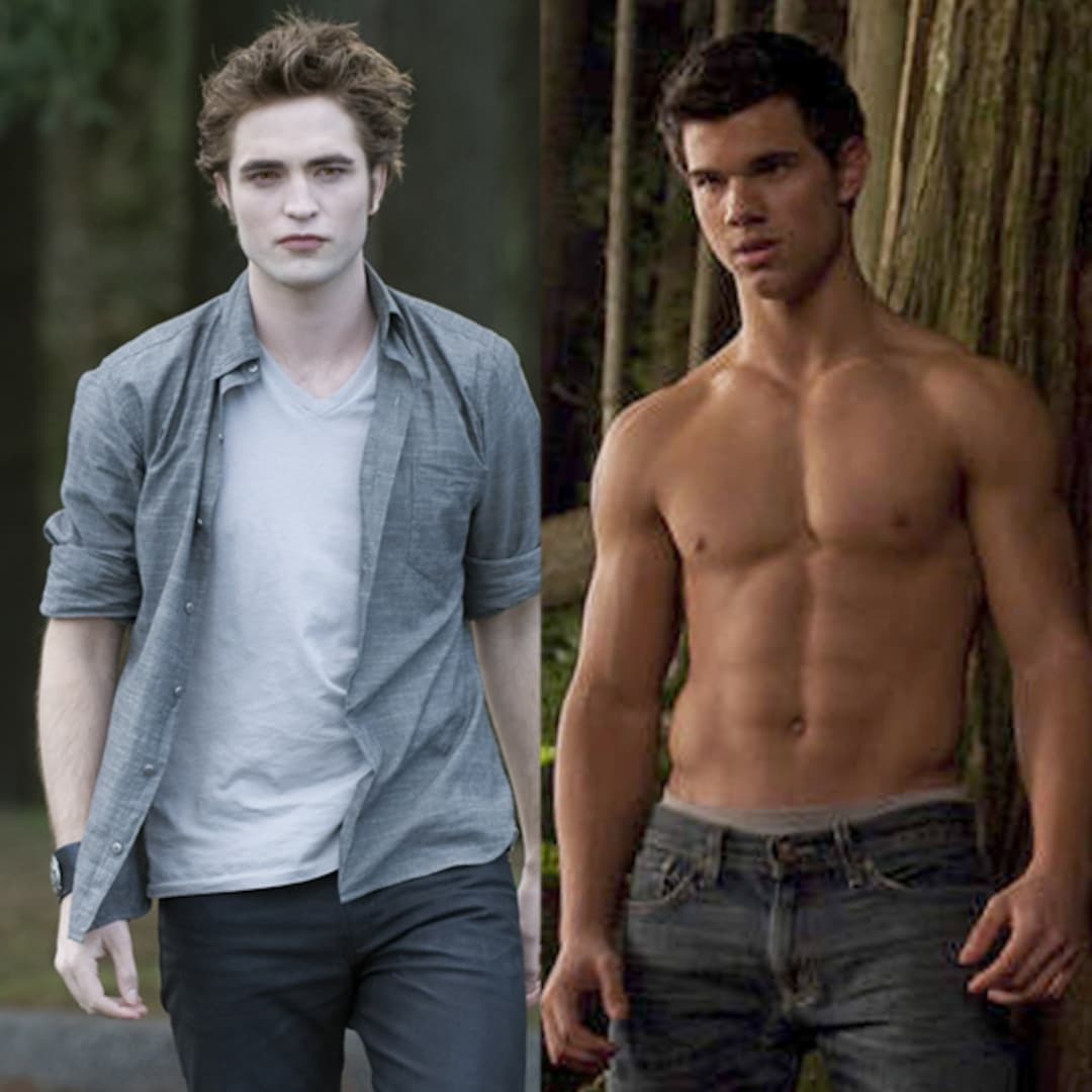 A side-by-side comparison of two men, one wearing a gray button-down shirt over a white t-shirt and the other shirtless with jeans, both standing outdoors against a wooded background.
