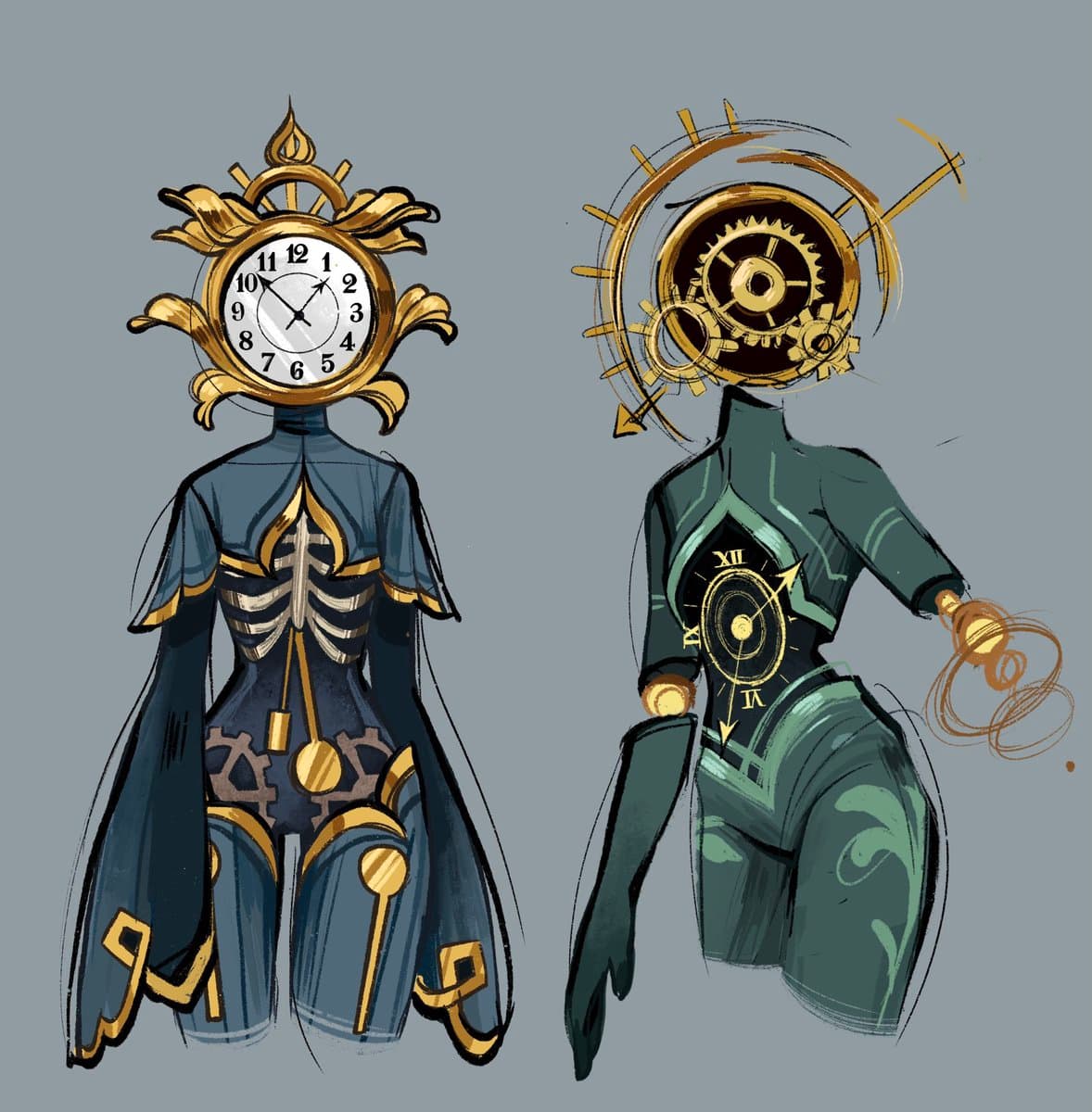 A digital illustration showing two stylized, headless figures in steampunk-inspired outfits. The figure on the left has a large, ornate clock face for a head, while the figure on the right has a head composed of golden gears and mechanical rings.