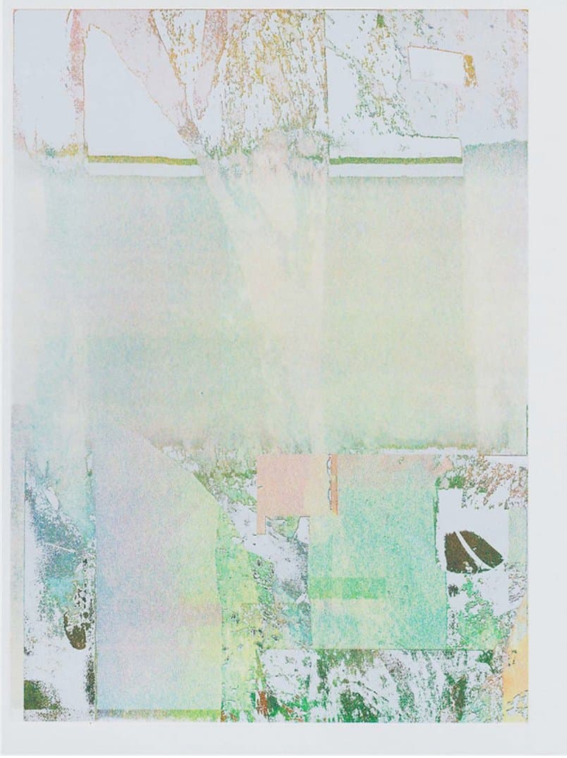 A pale, abstract watercolor or mixed-media artwork featuring soft washes of green, blue, and pink with textured, organic patterns. The composition includes geometric shapes and a small dark oval form in the lower right quadrant.