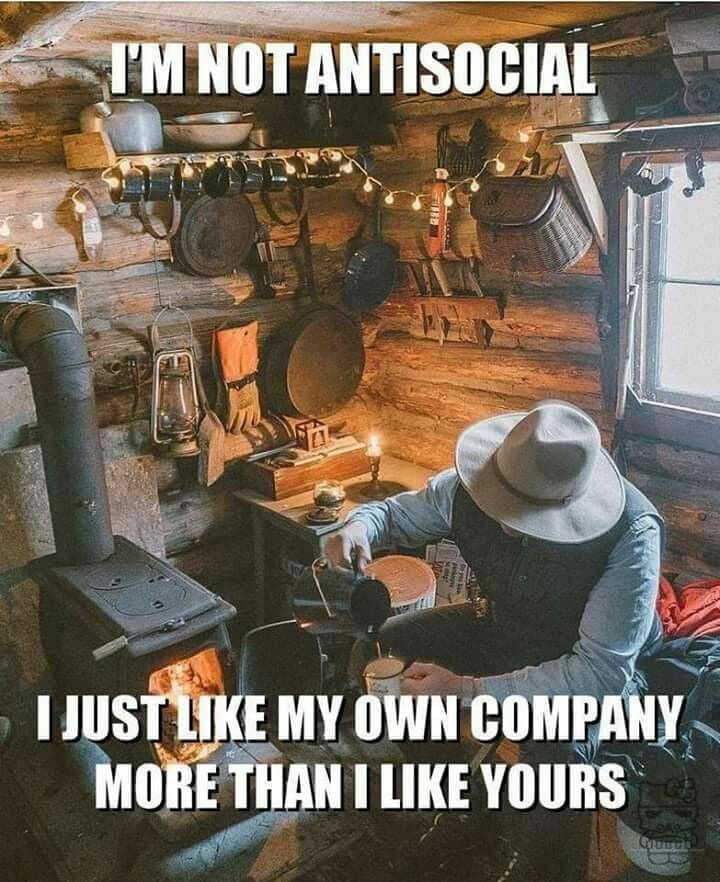 A meme featuring a person in a rustic log cabin, wearing a hat and vest, pouring a drink near a wood-burning stove. The image has text overlaid at the top and bottom. The top text reads: 'I'M NOT ANTISOCIAL'. The bottom text reads: 'I JUST LIKE MY OWN COMPANY MORE THAN I LIKE YOURS'.