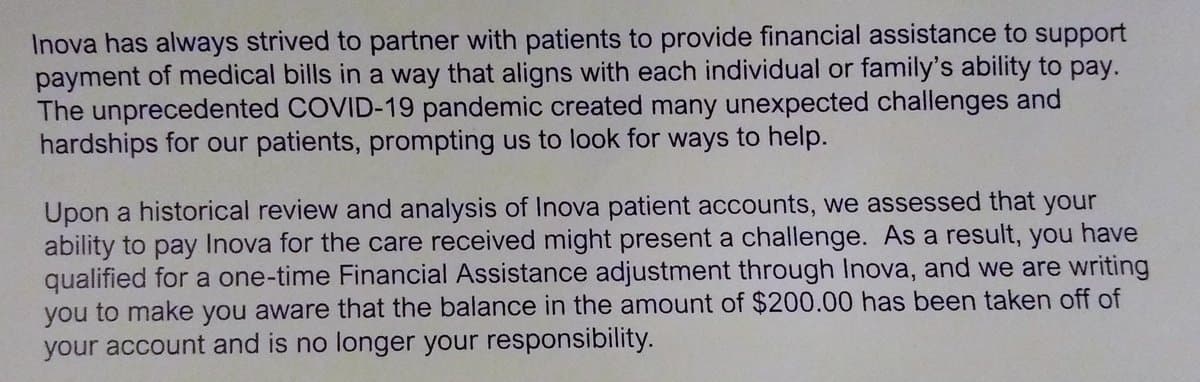 A close-up photograph of a printed letter from Inova regarding patient financial assistance. The text explains that, due to the challenges of the COVID-19 pandemic, a one-time adjustment has been made to the recipient's account.