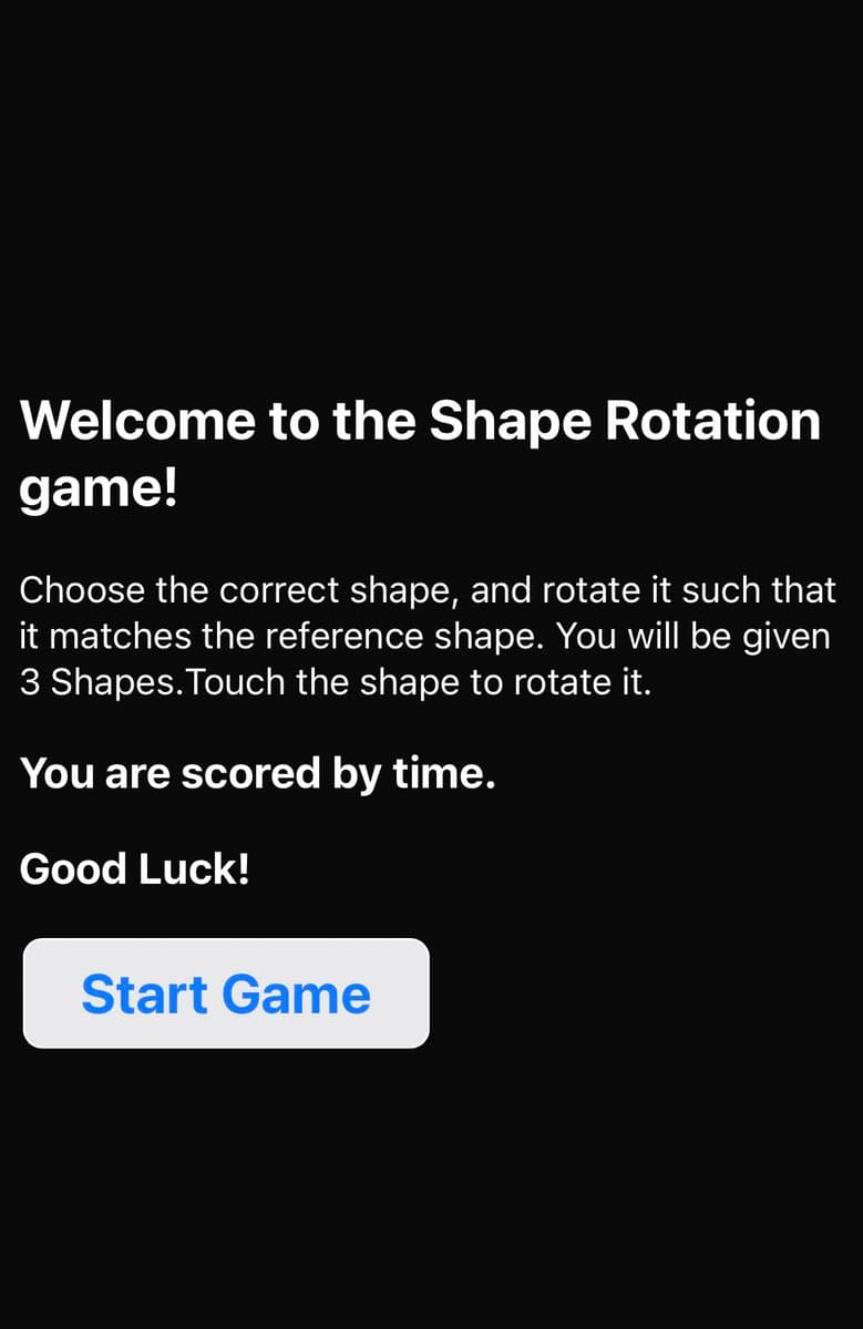 A screenshot of a mobile game's start screen with a black background. It features white text explaining the game's rules and a white button with blue text at the bottom.