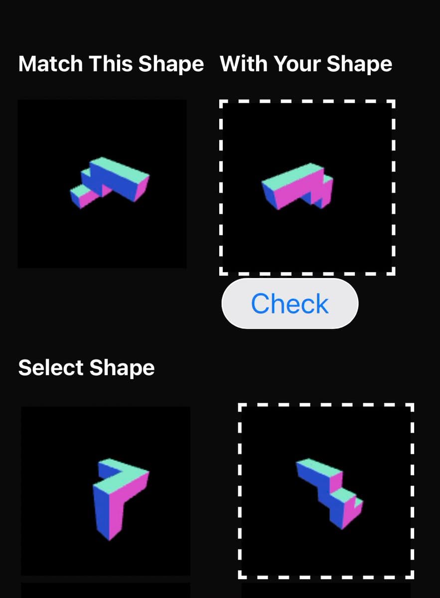A screenshot of a web-based shape rotation game interface on a black background, displaying a target 3D block shape and a user's selected shape for comparison, along with a 'Check' button and a section to select a new shape.