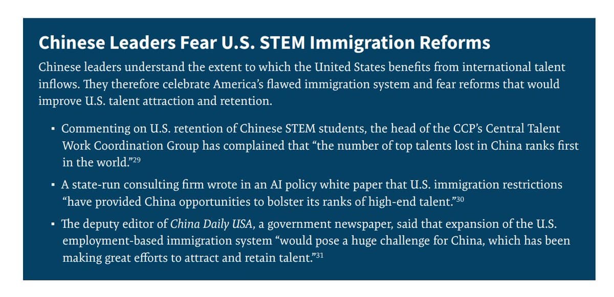 A text-based infographic with a dark blue background and white text, presenting an argument about Chinese reactions to U.S. immigration policy. It features a main headline and a bulleted list of supporting points.