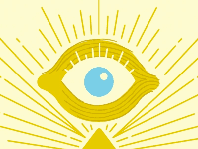 A stylized illustration of a large, open eye with a blue iris and yellow sclera, surrounded by radiating yellow lines on a pale yellow background, evoking the 'Eye of Sauron' from Lord of the Rings.