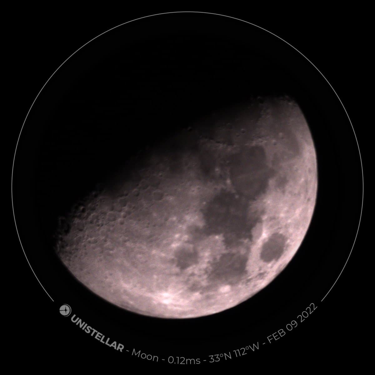 A digital photograph of the moon taken through a telescope, showing a gibbous phase with visible craters and surface details against a black background. The image is framed by a thin white circle and includes a data overlay at the bottom.