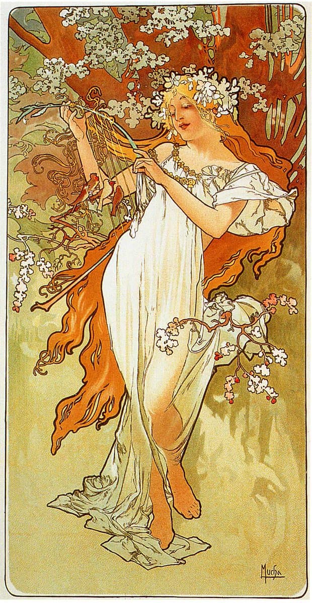 A reproduction of Alphonse Mucha's 1896 Art Nouveau painting, 'Spring,' depicting a woman in a white dress holding a lyre amidst blooming cherry blossoms. The image is a full-page illustration with a signature in the bottom right corner.