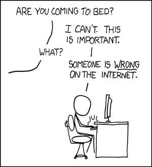 A black-and-white xkcd comic strip showing a stick figure sitting at a computer desk. The comic features a dialogue between the figure and an off-screen person, with the figure typing on the keyboard. The text is arranged in a speech bubble format above the figure.