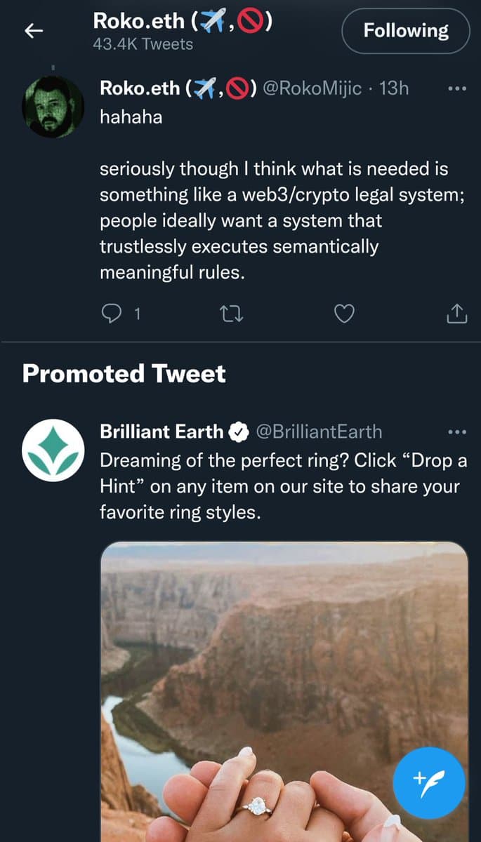A screenshot of a Twitter (X) profile page showing a tweet from user Roko.eth and a promoted advertisement below it. The main tweet discusses the need for a web3/crypto legal system, while the promoted tweet is from Brilliant Earth advertising their ring customization service with a photo of hands wearing a diamond ring in a scenic outdoor setting.