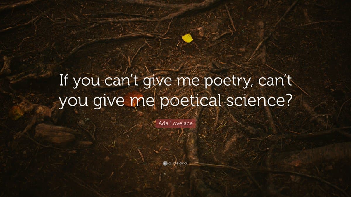 A quote card featuring a quote attributed to Ada Lovelace, displayed in white text over a dark, textured background of forest floor roots and soil.