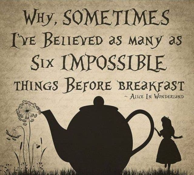 A vintage-style graphic featuring a black silhouette of a teapot and a small girl standing next to it, with a dandelion growing from the spout. The image has a textured, aged paper background. Above the illustration is a quote in a stylized, decorative font.