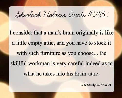 A quote card featuring a passage from Sherlock Holmes, set against a blurred background of warm, circular bokeh lights. The text is presented in a white rounded rectangle with a title at the top and an attribution at the bottom.