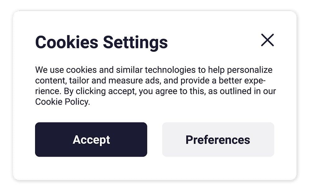 A screenshot of a website's cookie consent pop-up dialog box. The dialog features a title, explanatory text, and two action buttons.