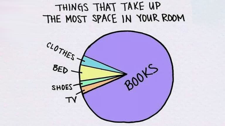 A hand-drawn pie chart titled "THINGS THAT TAKE UP THE MOST SPACE IN YOUR ROOM" humorously shows that books occupy the vast majority of the space, with tiny slices for clothes, bed, shoes, and TV.