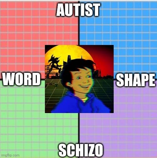 A four-quadrant compass meme with colored grid backgrounds (red, blue, green, purple) and the labels AUTIST, WORD, SHAPE, and SCHIZO in each corner. In the center is a square image of a smiling animated character in a blue hoodie against a retro-futuristic sunset background. The image is a screenshot of a meme template created on imgflip.com.