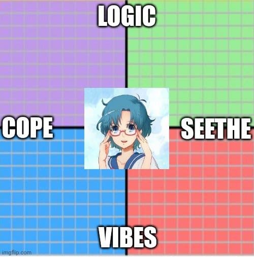 A four-quadrant meme with a grid background in purple, green, blue, and red, featuring an anime character in the center. The quadrants are labeled with the words LOGIC, COPE, SEE THE, and VIBES. The character is adjusting their glasses, looking directly at the viewer.