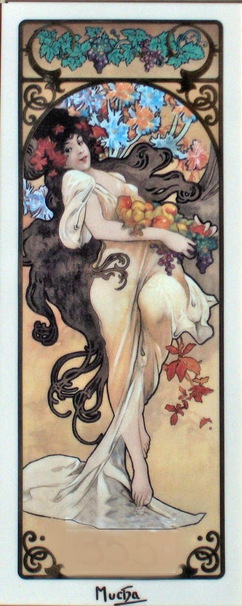 A vertical Art Nouveau illustration by Alphonse Mucha depicting a woman with long, flowing dark hair holding a basket of fruit and grapes, framed by decorative borders and floral motifs. The signature 'Mucha' is visible at the bottom of the image.
