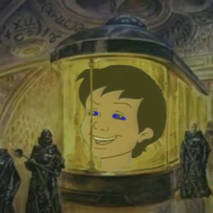 A digital image showing a cartoon-style face with blue eyes and a smile superimposed inside a glowing golden lantern, surrounded by dark, robed figures in a dimly lit setting. The background features ornate, circular architectural details with faint, illegible script.