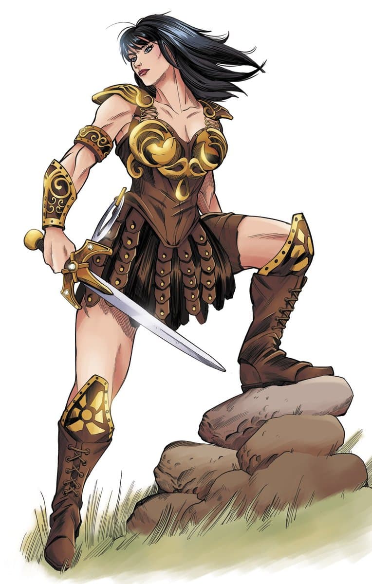 A digital illustration of a female warrior with long dark hair, wearing a brown and gold fantasy outfit with a breastplate, bracers, and tall boots. She stands on a pile of rocks holding a sword in a ready stance.