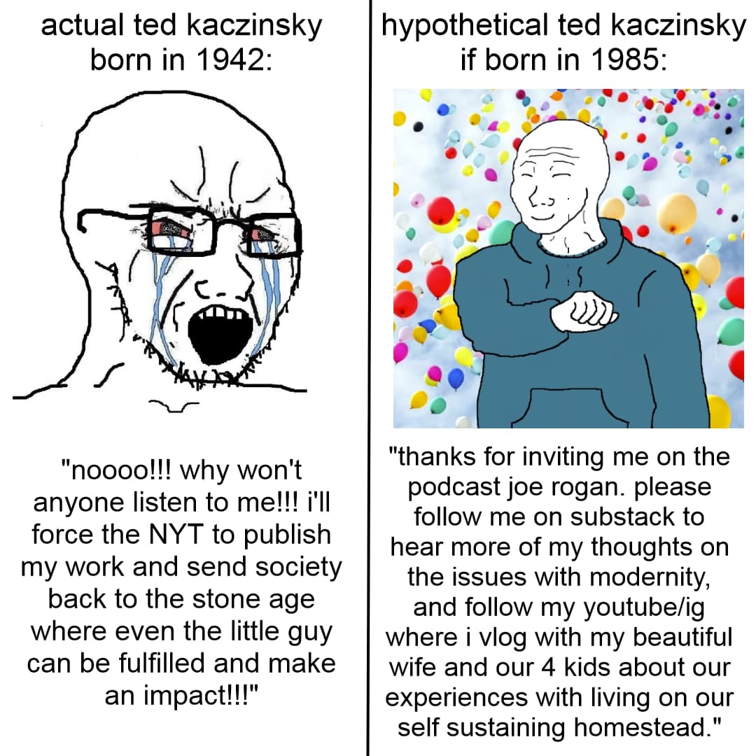 A two-panel meme comparing a distressed, crying 'actual ted kaczinsky' with a calm, smiling 'hypothetical ted kaczinsky' surrounded by balloons. The text below each panel contrasts their respective attitudes toward modern society and media.