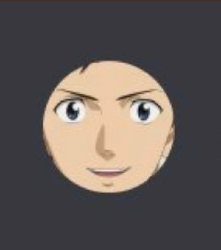 A digital illustration of an anime-style male face with short dark hair, wide eyes, and a slight smile, set against a solid dark gray background.