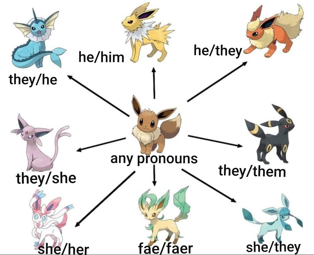 A fan-made chart showing the Pokémon Eevee in the center with arrows pointing to its eight evolutions, each labeled with a set of pronouns. The central Eevee is labeled 'any pronouns', while the surrounding evolutions are labeled with various pronoun combinations such as 'he/him', 'they/he', 'she/her', and 'fae/faer'.