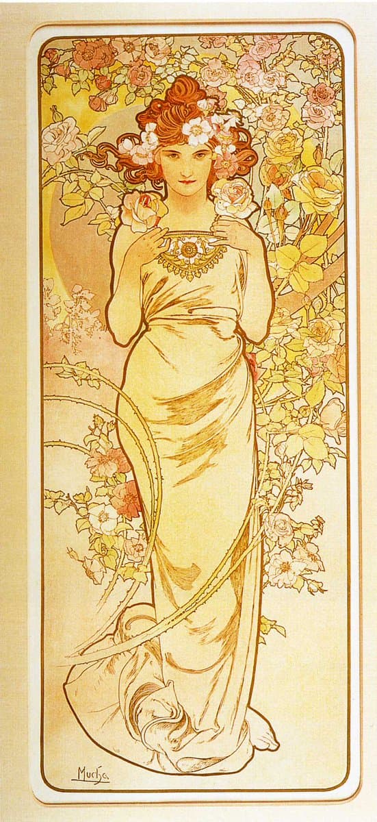 A vertical Art Nouveau illustration by Alphonse Mucha depicting a woman in a flowing white dress standing among roses, with a sun visible in the background. The image is framed by a decorative border and features the artist's signature in the lower left corner.