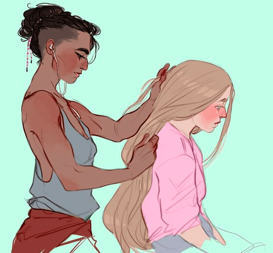 A digital illustration of two women in a close, intimate pose, with one standing behind the other and gently holding her long blonde hair. The woman in the back has dark skin, dark hair in a bun, and is wearing a grey tank top and earbuds, while the woman in front has light skin, long blonde hair, and is wearing a pink shirt.