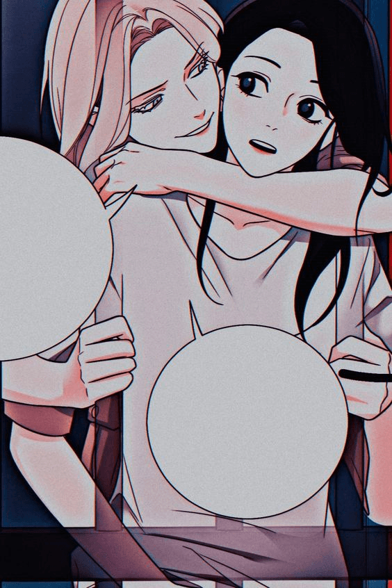 A digital illustration in an anime style depicting two women in a close, affectionate embrace. The woman on the left has blonde hair and is smiling, while the woman on the right has dark hair and a surprised expression. Large white circles obscure the lower portions of their bodies.