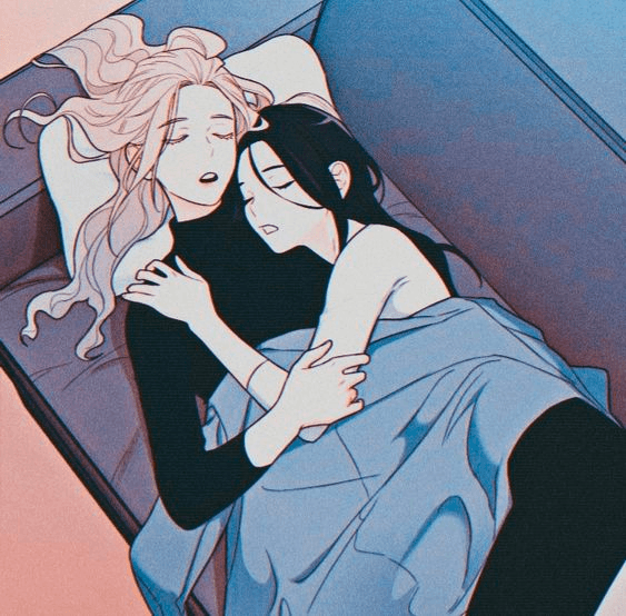A digital illustration in an anime style depicting two women sleeping in a bed, cuddling each other under a blue blanket.