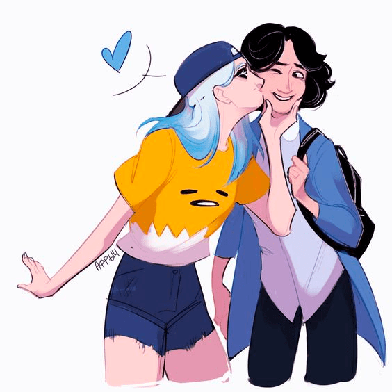 A digital illustration of two people in a close, affectionate pose, with one person kissing the other on the cheek. The person on the left has light blue hair and wears a yellow shirt, while the person on the right has dark hair and wears a blue jacket. A small blue heart floats above them.