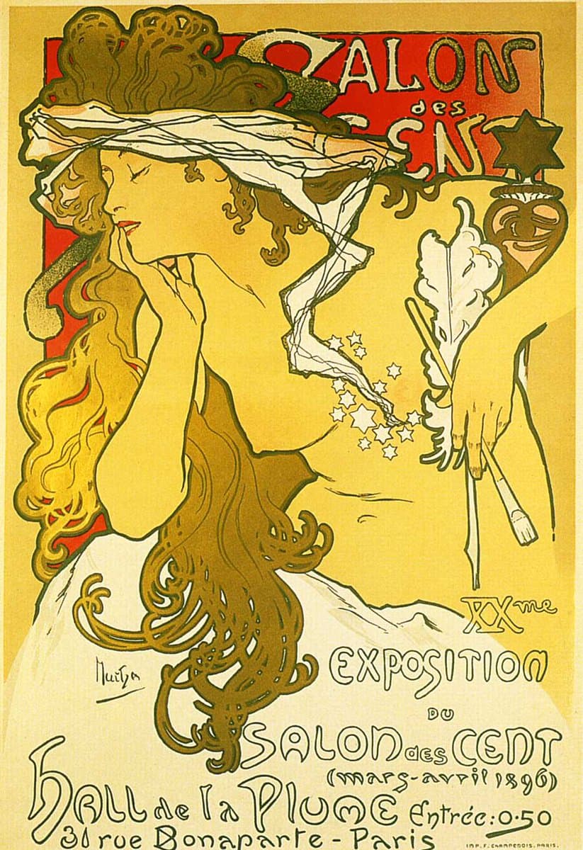 An Art Nouveau poster by Alphonse Mucha featuring a profile of a woman with long, flowing hair holding a brush and a white feather, set against a yellow and red background. The text identifies the work as a poster for the 'Salon des Cent' exhibition held in Paris in 1896.